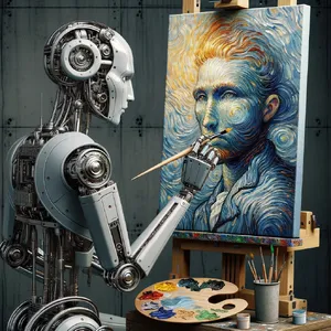 Photorealistic image of a robot painting a realistic self-portrait (i.e. the robot) on canvas, mimicking Van Gogh’s art style; clear, realistic metallic textures and painting details visible - OpenAI DALL-E 3