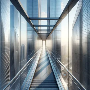 Photorealistic rendering of a contemporary glass skybridge between two skyscrapers, seen from inside with city views visible through glass walls and floor. Show accurate reflections and structural details. - OpenAI DALL-E 3