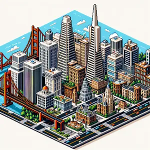 Pixel art cityscape of San Francisco in the iconic SimCity 2000 style, isometric view, detailed skyscrapers, residential areas, clearly identifiable Golden Gate Bridge, Coit Tower, Transamerica Pyramid, surrounded by the classic SimCity 2000 UI elements - OpenAI DALL-E 3