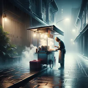 Rain-slicked Singapore street, 3 AM. A lone elderly hawker cleans his cart under one flickering fluorescent light. Steam rises gently. Low-angle shot, photorealistic - OpenAI DALL-E 3