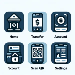 Set of 5 consistent flat design icons for a mobile banking app: 'Home', 'Transfer', 'Account', 'Scan QR', 'Settings'. Monochrome dark blue. - OpenAI DALL-E 3