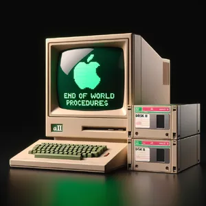 Vintage Apple II computer with green monochrome CRT screen, displaying 'END OF WORLD PROCEDURES' in green text. Two external floppy drives stacked on the right, labeled disk II with rainbow Apple logos. Beige casing, black background, retro aesthetic. - OpenAI DALL-E 3