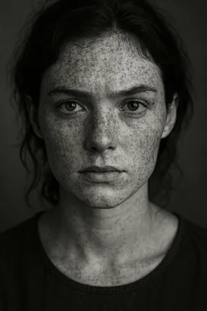 A black and white close-up portrait of a freckled woman with an intense gaze. - OpenAI ChatGPT 4o