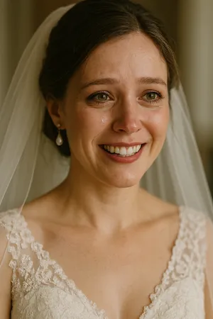 A bride on her wedding day, smiling with tears of joy in her eyes. - OpenAI ChatGPT 4o