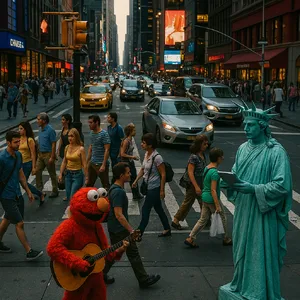 A busy city intersection with cars, pedestrians, and street performers all in one frame. - OpenAI ChatGPT 4o