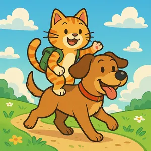 A cartoon of a cat and a dog on an adventure, drawn in a colorful 2D style. - OpenAI ChatGPT 4o