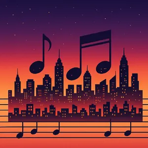 A city skyline that forms the shape of musical notes on a staff, created in a stylized graphic design aesthetic with clean architectural lines and dramatic twilight colors. - OpenAI ChatGPT 4o
