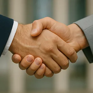 A close-up of two people shaking hands, both hands fully visible with five fingers each, in sharp focus against a blurred background. - OpenAI ChatGPT 4o