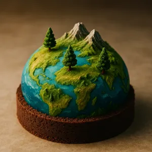 A dessert cake that looks like a tiny planet, complete with miniature trees and mountains, photographed in a professional food photography style with tilt-shift focus effect. - OpenAI ChatGPT 4o
