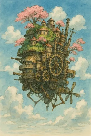 A floating steampunk castle in the sky with intricate mechanical gears and cherry blossom trees, illustrated in Hayao Miyazaki's Castle in the Sky (1986) art style with watercolor textures and detailed line work. - OpenAI ChatGPT 4o