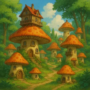 A forest of giant mushrooms with houses built on top of them, rendered in a whimsical Studio Ghibli-inspired art style with vibrant colors and fantastical details. - OpenAI ChatGPT 4o
