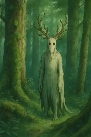 A forest spirit standing among tall trees. Replicate the artistic style of 'Princess Mononoke' by Studio Ghibli, with Miyazaki's detailed environments and mystical creature design. - OpenAI ChatGPT 4o