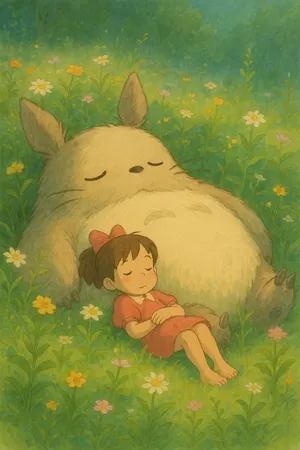 A girl and a giant fluffy creature napping in a wildflower meadow. Reproduce the art style of 'My Neighbor Totoro' by Studio Ghibli, with Miyazaki's soft character designs. - OpenAI ChatGPT 4o