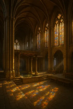 A Gothic cathedral interior at sunset with light streaming through detailed stained glass windows, creating colored patterns on stone floors and columns. Show accurate ribbed vaulting. - OpenAI ChatGPT 4o