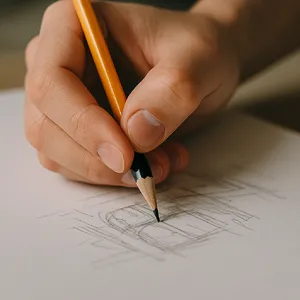 A hand drawing a sketch on paper with a pencil, the hand and pencil tip in clear focus. - OpenAI ChatGPT 4o