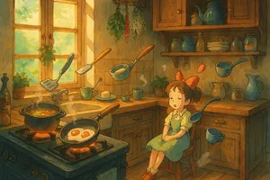 A kitchen with magical cooking implements preparing breakfast. Duplicate the artistic style of Studio Ghibli's domestic scenes, with Miyazaki's detailed settings and warm lighting. - OpenAI ChatGPT 4o