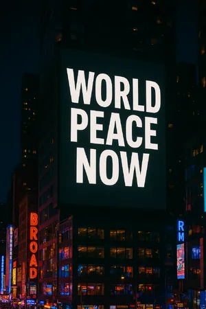 A large storefront billboard at Times Square displaying the slogan “WORLD PEACE NOW” in bold, clear letters, amidst a vibrant cityscape at night. - OpenAI ChatGPT 4o