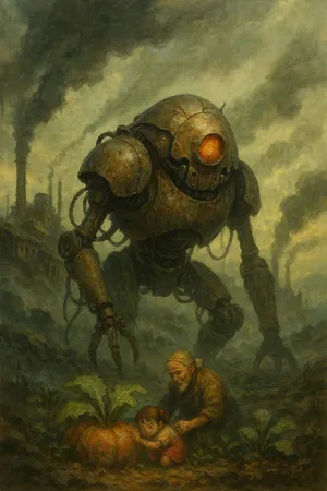 A mechanical creature in a polluted landscape. Capture the visual aesthetic of 'Nausicaä' by Studio Ghibli, with Miyazaki's mechanical designs and environmental contrast. - OpenAI ChatGPT 4o