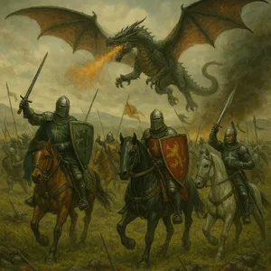 A medieval battlefield with knights on horseback and a dragon flying overhead. - OpenAI ChatGPT 4o