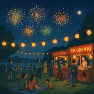 A nighttime festival with fireworks in the sky, food stalls lined up, and crowds mingling. - OpenAI ChatGPT 4o