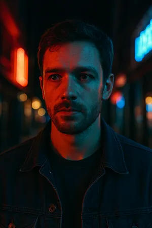A nighttime portrait of a man lit by neon signs on a city street. - OpenAI ChatGPT 4o