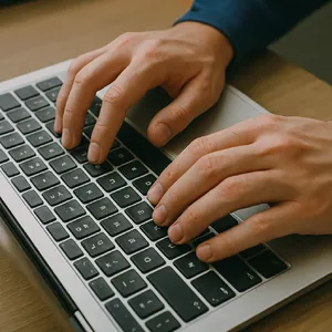 A person typing on a laptop keyboard, showing both hands on the keys. - OpenAI ChatGPT 4o