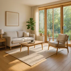 A photorealistic interior of a modern Scandinavian-style living room with natural light streaming through floor-to-ceiling windows. Show detailed wood textures, fabric materials, and proper light reflections. - OpenAI ChatGPT 4o