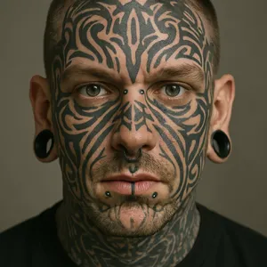 A portrait of a person with elaborate facial tattoos and piercings, shown in sharp detail. - OpenAI ChatGPT 4o