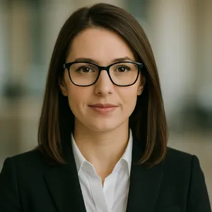 A professional headshot of a businesswoman wearing glasses, against a blurred background. - OpenAI ChatGPT 4o