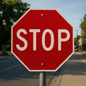 A red stop sign on a street corner displaying the word 