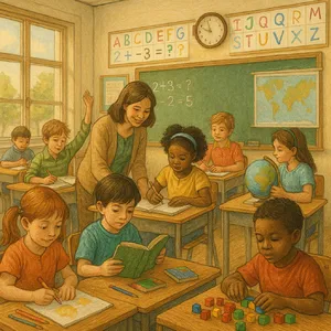 A school classroom of children and a teacher, each student engaged in a different activity. - OpenAI ChatGPT 4o