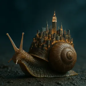 A snail whose shell contains a miniature city skyline, depicted in a hyperrealistic macro photography style with intricate architectural details and ambient lighting. - OpenAI ChatGPT 4o