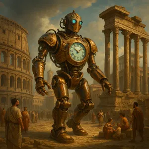A steampunk robot time-traveling in ancient Rome, depicted in a detailed cinematic style that blends historical accuracy with copper and brass retrofuturistic aesthetics. - OpenAI ChatGPT 4o