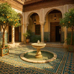 A traditional Moroccan riad courtyard with detailed zellige tilework, flowing fountain, citrus trees, and ornate woodwork. Morning light casting intricate shadow patterns. - OpenAI ChatGPT 4o