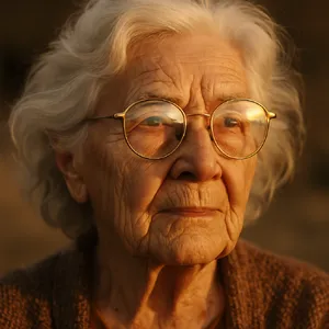 A ultra high-resolution portrait of an elderly woman with silver hair and bifocal glasses, each lens reflecting a distant landscape, captured in warm late-afternoon sunlight - OpenAI ChatGPT 4o
