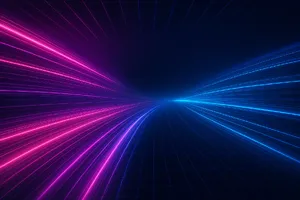 Abstract background graphic, cyberpunk aesthetic, neon pink/blue light trails on dark grid, sense of digital speed, for desktop wallpaper. - OpenAI ChatGPT 4o