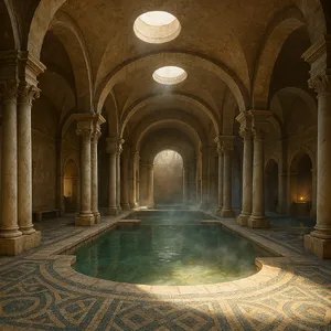 An ancient Roman bathhouse interior with accurate architectural details - marble columns, mosaic floors, arched ceilings, and steam rising from pools. Natural light from oculus openings. - OpenAI ChatGPT 4o