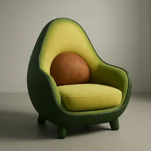An armchair designed in the shape of an avocado, presented in a contemporary product photography style with professional studio lighting against a minimalist background. - OpenAI ChatGPT 4o