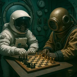 An astronaut and a deep-sea diver playing chess together inside a submarine. - OpenAI ChatGPT 4o