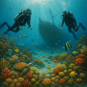 An underwater scene with scuba divers exploring a coral reef alongside colorful fish and a sunken ship. - OpenAI ChatGPT 4o