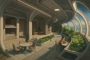 Interior of a futuristic space habitat with hydroponics gardens, communal areas, and living quarters. Show curved walls, artificial gravity considerations, and multipurpose furniture designs. - OpenAI ChatGPT 4o