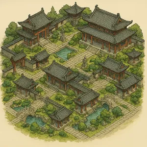 Isometric architectural illustration of an ancient Chinese temple complex showing multiple pavilions, gardens, and ceremonial spaces. Include proper roof structures and traditional ornamentation. - OpenAI ChatGPT 4o
