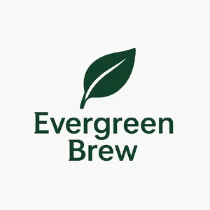 Minimalist logo for a sustainable coffee brand 'Evergreen Brew', single leaf motif, clean lines, vector style, white background. 'Evergreen Brew' contained as text in logo - OpenAI ChatGPT 4o