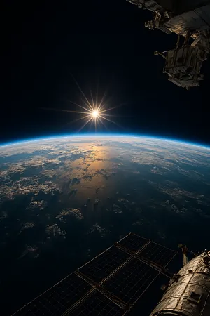 Photorealistic aerial photograph clearly showing the edge of the Earth from space, capturing realistic curvature, atmosphere, and sunlight reflections - OpenAI ChatGPT 4o
