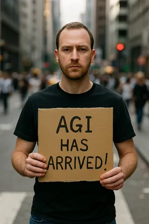 Photorealistic daytime street photograph, clearly showing a man standing still on a busy urban street corner holding a rectangular cardboard sign clearly facing camera, handwritten bold black marker text clearly readable as 