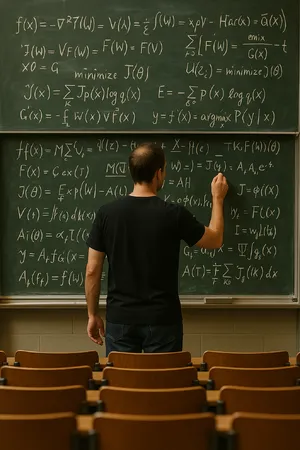 Photorealistic depiction of a man wearing a clearly visible black OpenAI-branded T-shirt. He is standing at the front of a university lecture hall, writing complex mathematics and AI-related equations across a large, dusty chalkboard filled with notation - OpenAI ChatGPT 4o