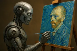 Photorealistic image of a robot painting a realistic self-portrait (i.e. the robot) on canvas, mimicking Van Gogh’s art style; clear, realistic metallic textures and painting details visible - OpenAI ChatGPT 4o