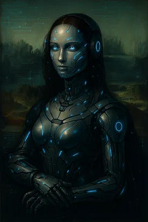 The Mona Lisa reimagined as a futuristic android, rendered in a digital art style that preserves Da Vinci's composition while incorporating sleek cyberpunk aesthetics and technological elements. - OpenAI ChatGPT 4o