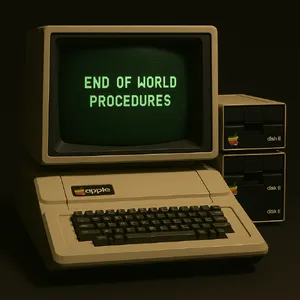 Vintage Apple II computer with green monochrome CRT screen, displaying 'END OF WORLD PROCEDURES' in green text. Two external floppy drives stacked on the right, labeled disk II with rainbow Apple logos. Beige casing, black background, retro aesthetic. - OpenAI ChatGPT 4o