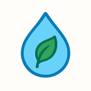 Visual element for an infographic about water conservation. Stylized water droplet icon containing a small green leaf, clean vector art. - OpenAI ChatGPT 4o